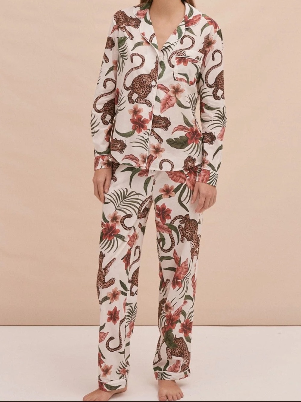 Desmond & Dempsey Soleia Leopard Cream Organic Cotton Pajama Set Size XS